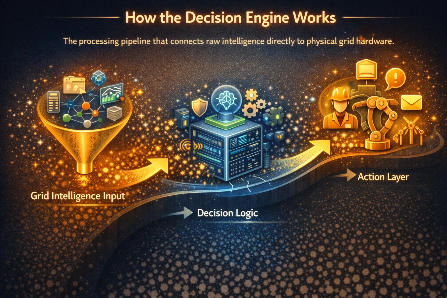 Diagram illustrating the Decision Engine workflow from grid intelligence to action