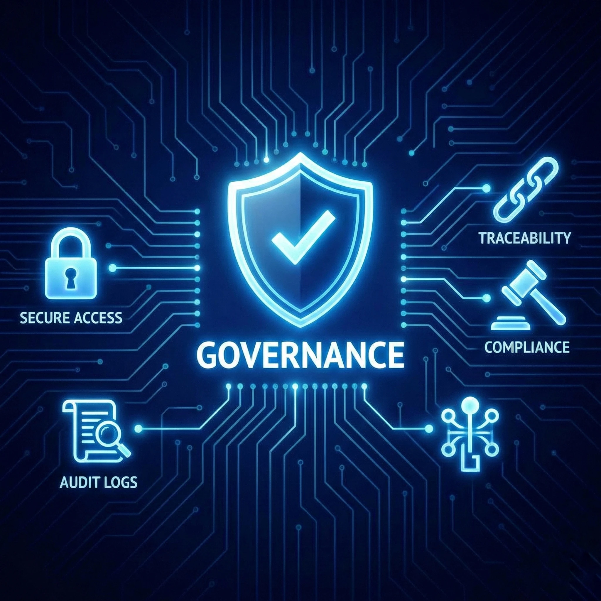 Interface displaying full traceability and audit logs within the Governance module