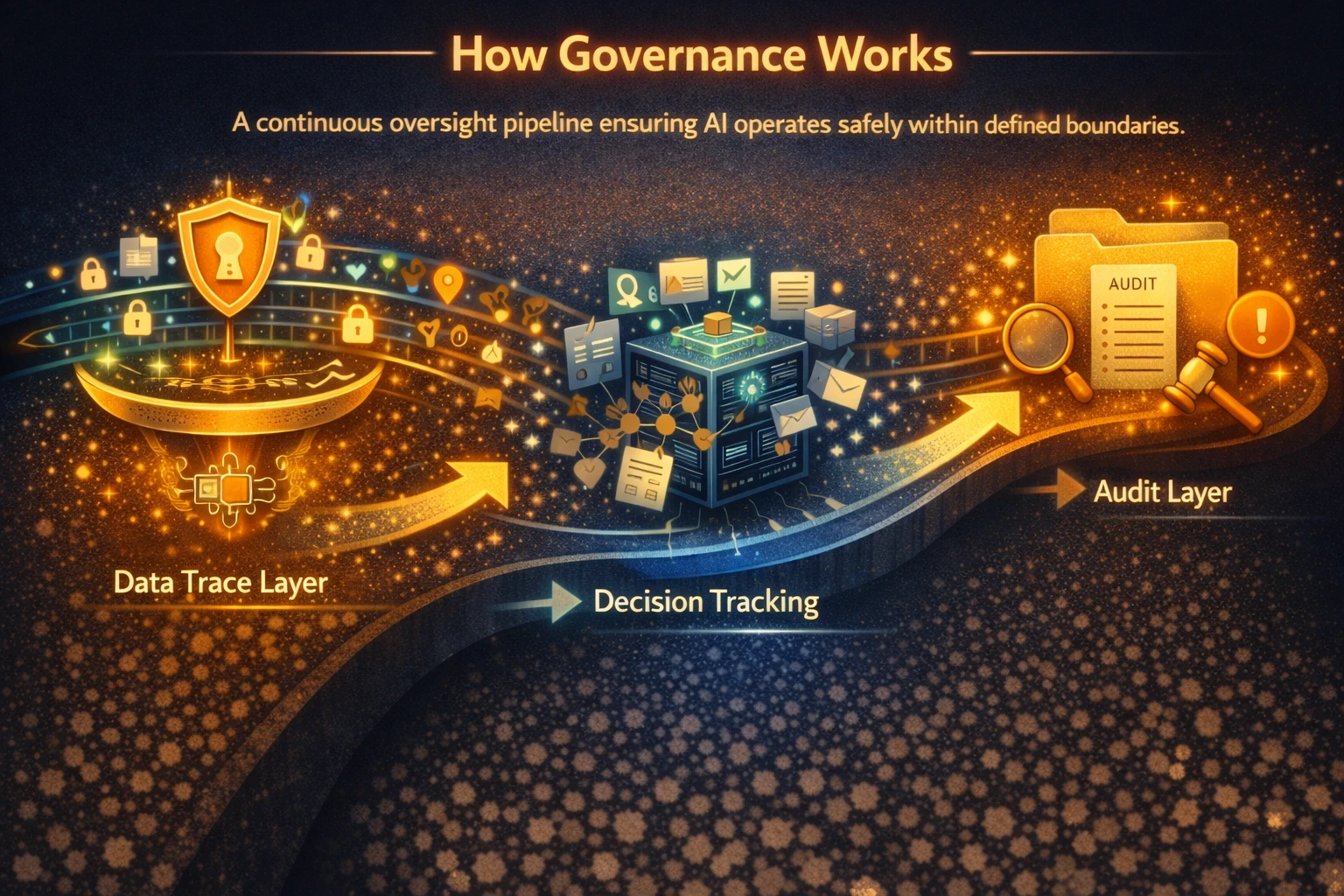 Diagram showing the continuous oversight pipeline including data trace, decision tracking, and audit layer