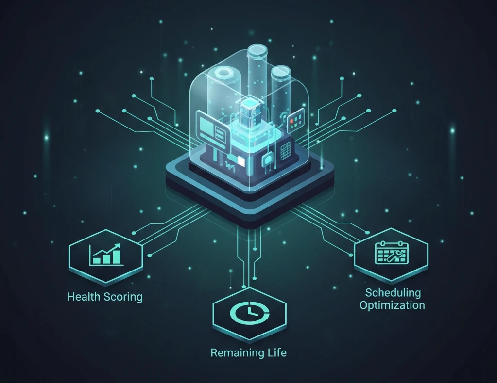 GridBrain Predictive Maintenance interface showing asset health scores and degradation curves