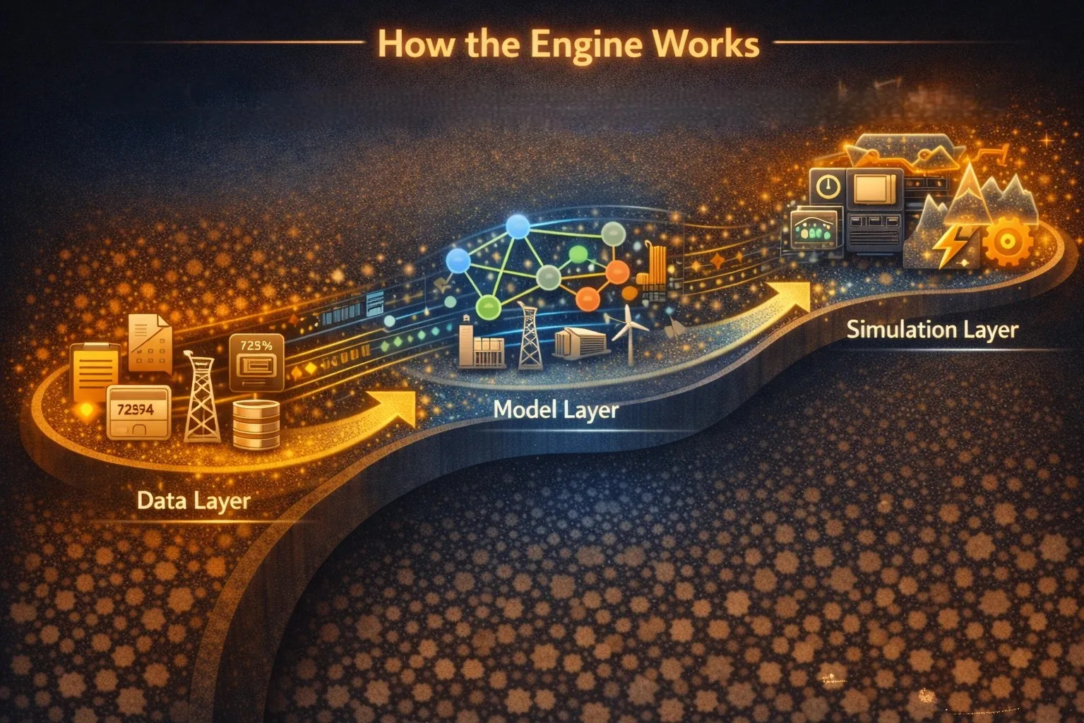 Three-layer architecture diagram showing the Data, Model, and Simulation layers of the Twin Engine