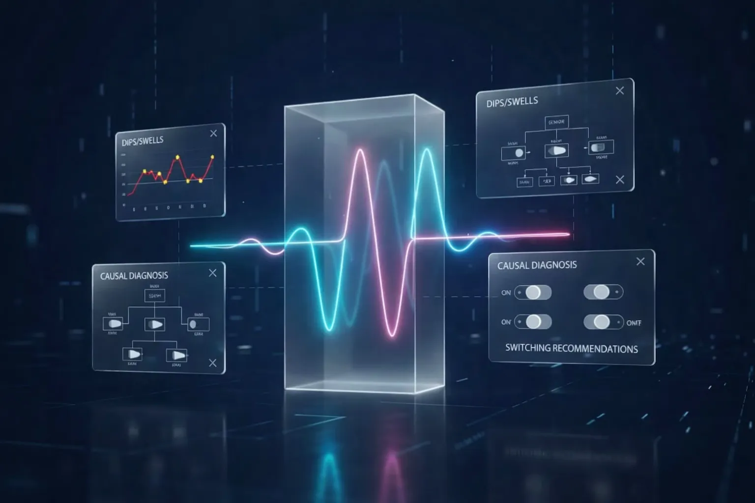 GridBrain Voltage Stability Dashboard showing real-time Volt-VAR analysis and network switching steps